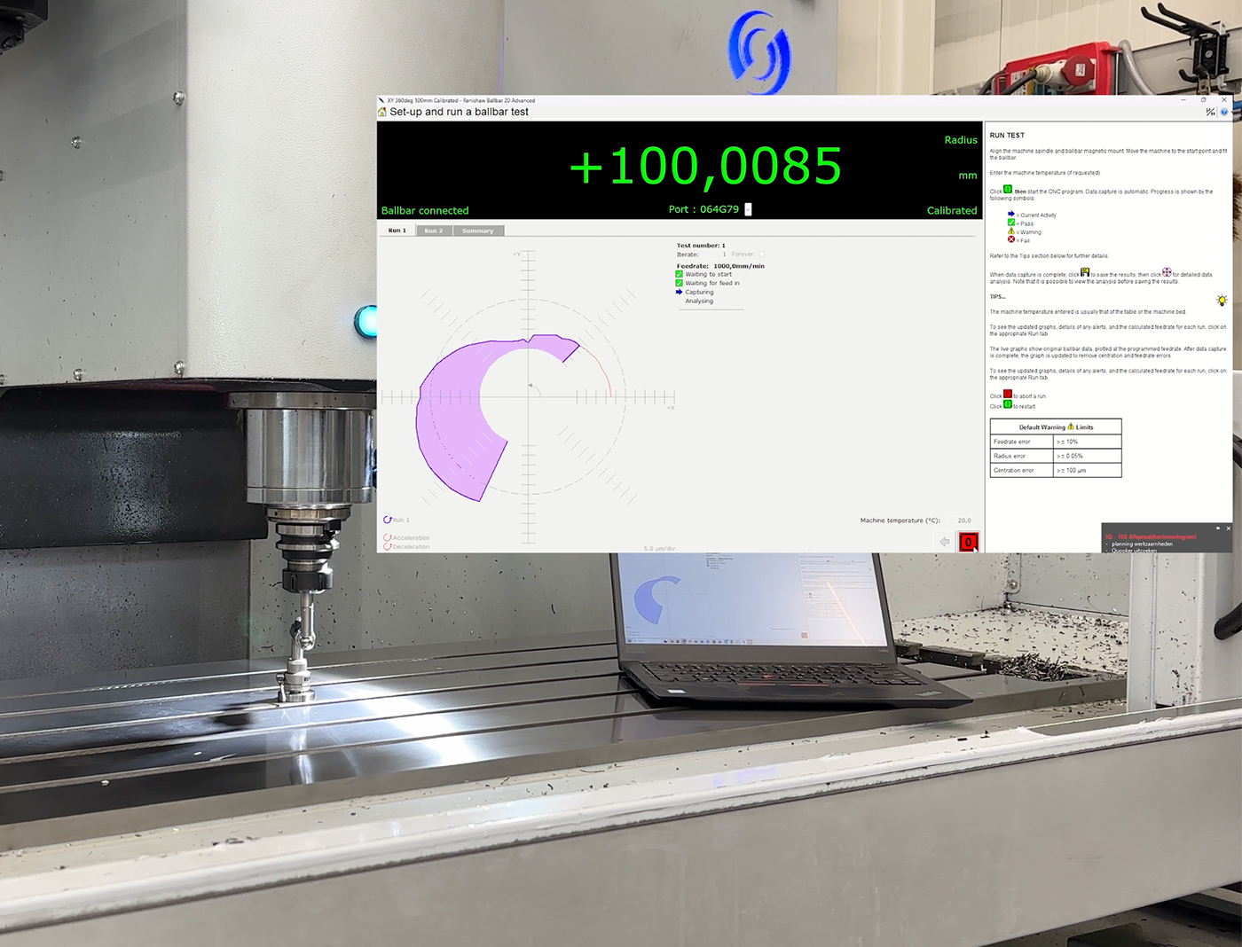 Ballbar test op CNC freesbank met realtime software analyse van geometrische afwijkingen en nauwkeurigheid